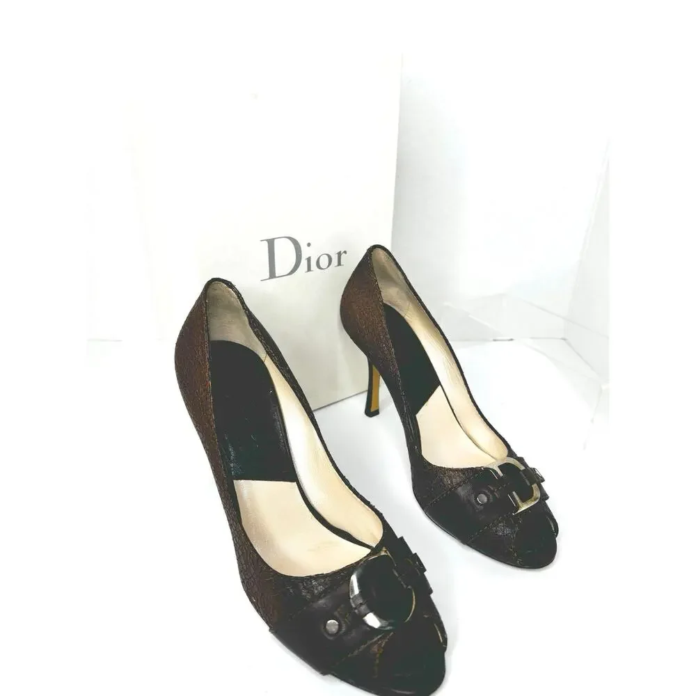Christian Dior Gradient Brown Textured Leather Buckle Peep Toe Pumps Heels sz 39 - Picture 10 of 10